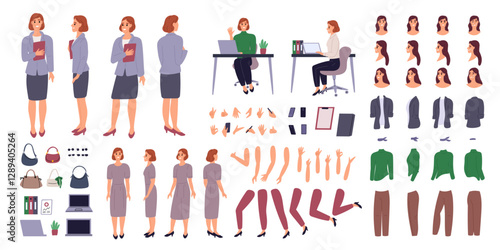 Business lady character kit. Cartoon female manager in office clothes. Different gadgets or accessories. Businesswoman avatar generator. Employee poses and activities. Garish vector set