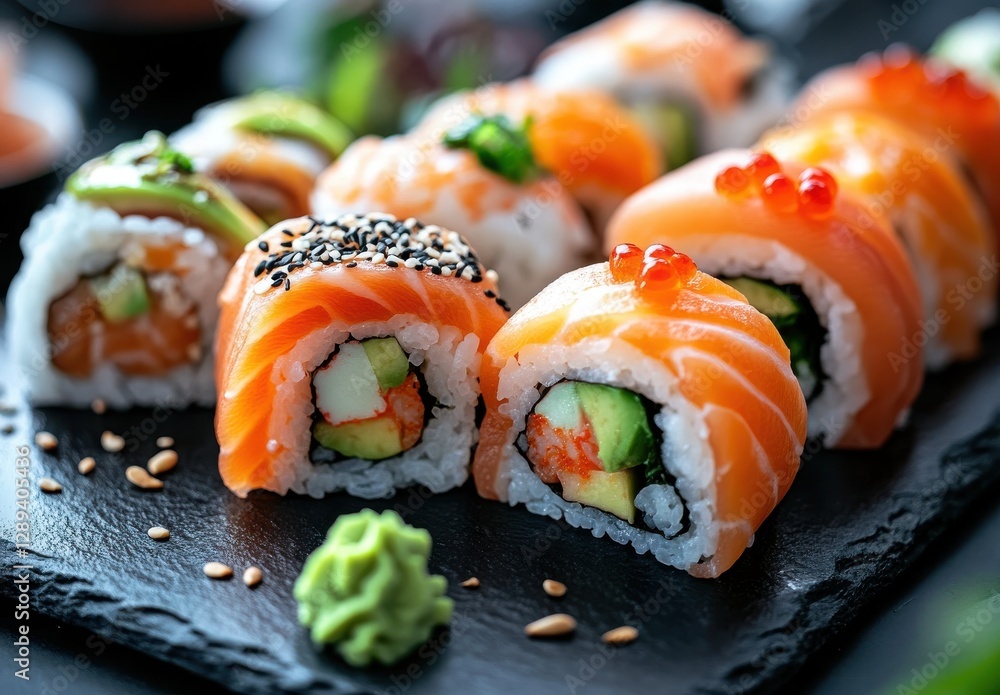Fresh sushi rolls displayed on a slate platter with vibrant colors, showcasing salmon, avocado, cucumber, and delicate garnishes for culinary delight Fresh sushi rolls displayed on a slate platter with vibrant colors, showcasing salmon, avocado, cucumber, and delicate garnishes for culinary delight