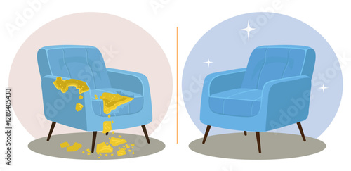 Broken and restored chair. Furniture repair. Armchair renovation before and after. Ripped dirty seat. Torn sofa upholstery. Comfortable couch redecorating. Settee fix. Vector concept