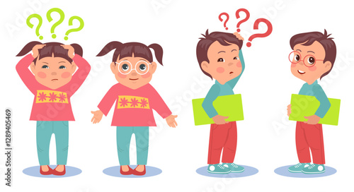 Boy and girl see poorly without glasses and well with eyeglasses. Eyes sight correction. Poor eyesight. Question marks. Vision check. Pick up spectacles. Oculist test. Vector concept