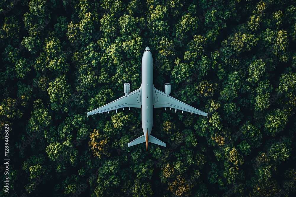 Fototapeta premium Airplane Flying Over Lush Green Forest Canopy