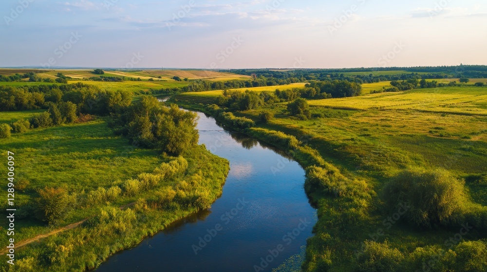 Obraz premium The countryside of Ukraine is beautiful in the summer. The small Sura River flows through the fields, making the perfect backdrop for a relaxing day in nature.