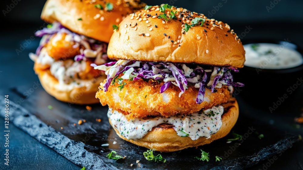 Crispy fish fillet burger with tartar sauce and coleslaw, soft bun, bright background, copy space, perfect for seafood menus Crispy fish fillet burger with tartar sauce and coleslaw, soft bun, bright background, copy space, perfect for seafood menus