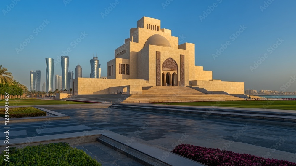 Obraz premium The Museum of Islamic Art is in Doha, Qatar. The picture was taken outside the museum in the park early in the morning at 6:00.