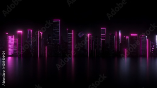 Neon pink cityscape at night reflecting in dark water.