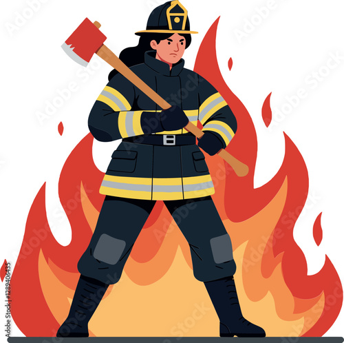 Confident firefighter brandishing an axe while standing amidst vibrant flames in a flat, colorful style of vector art