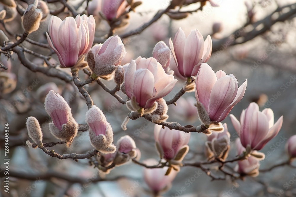 Pale pink blooms unfold in the soft light of spring, a gentle touch of beauty awakening after winter, inviting warmth and tranquility. Pale pink blooms unfold in the soft light of spring, a gentle touch of beauty awakening after winter, inviting warmth and tranquility.