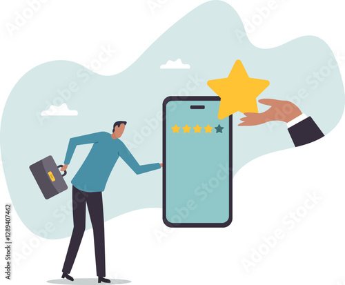 Customer experience or customer review by giving rating 5 stars, feedback from people who use service or application.business concept.flat character.