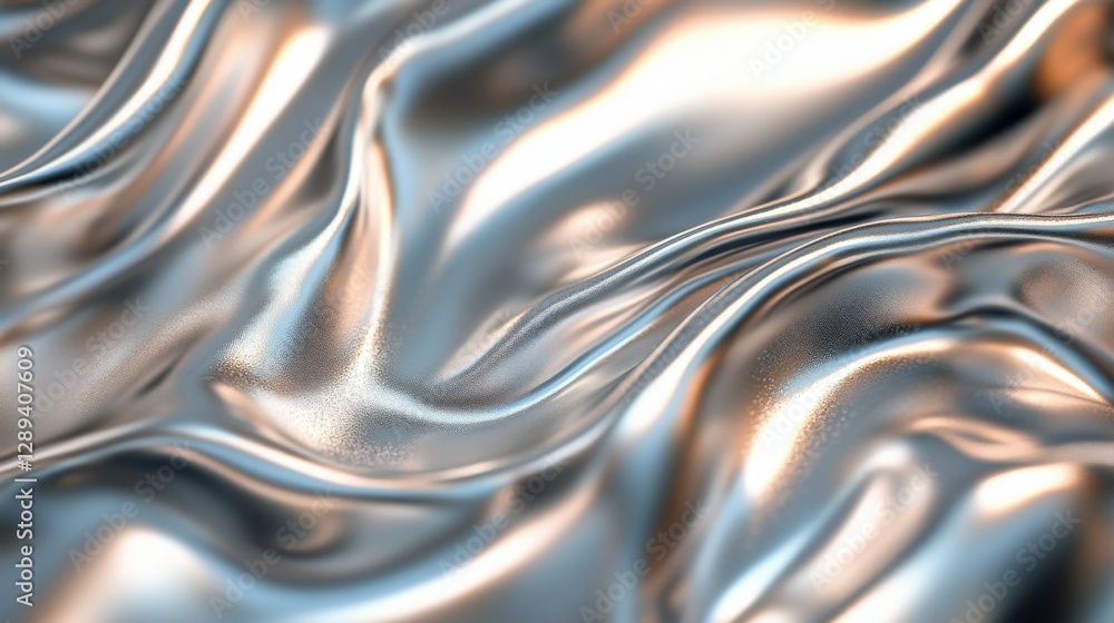 The silver shiny fabric shows soft folds in a close up view The silver shiny fabric shows soft folds in a close up view