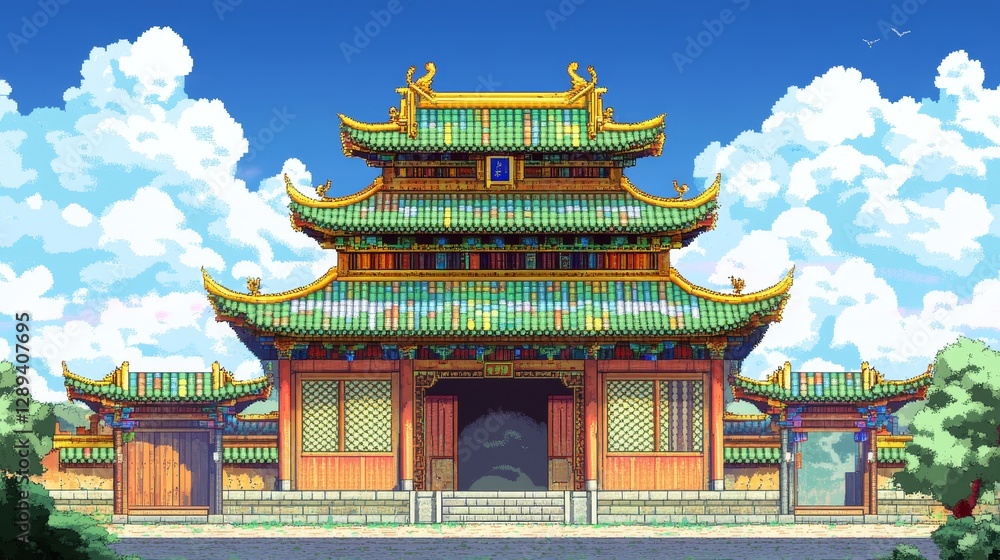 Obraz premium This is a picture of a Chinese-style building. It has a colorful roof and walls. It looks like a temple or a pagoda.