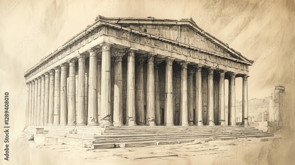 Obraz premium This three-dimensional drawing shows an old Greek temple with tall pillars that are well-known.