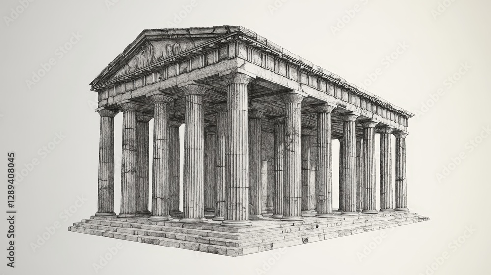 Obraz premium This three-dimensional drawing shows an old Greek temple with tall pillars that are well-known.