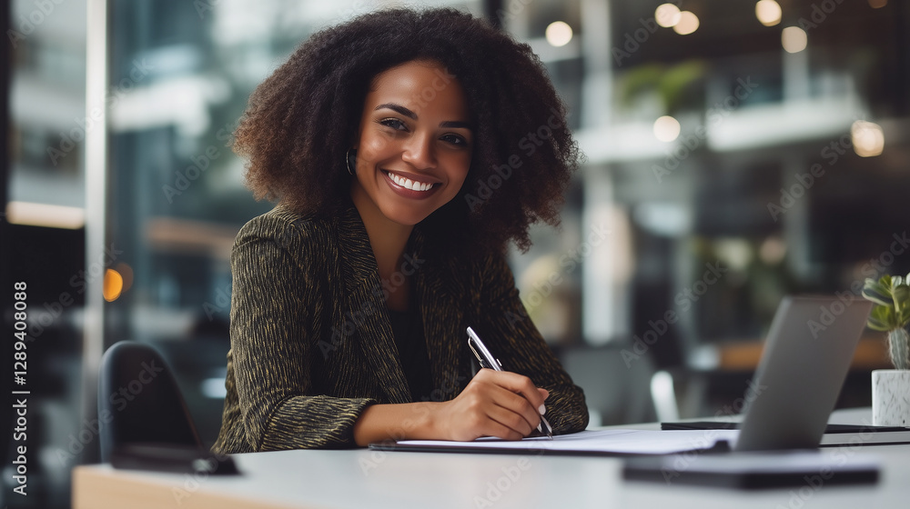 A businesswoman smiling as she signs an important contract in a contemporary workspace