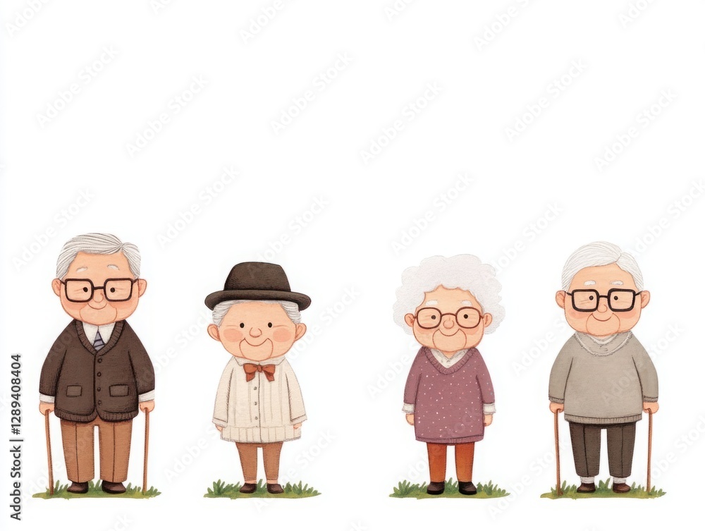 Charming and Playful Illustrations of Four Elderly Characters Featuring Unique Outfits and Distinct Personalities with Playful Background Elements Charming and Playful Illustrations of Four Elderly Characters Featuring Unique Outfits and Distinct Personalities with Playful Background Elements