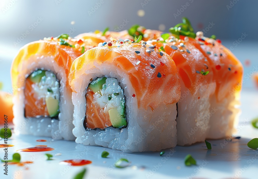 Fresh sushi rolls with salmon and avocado on a light background, garnished with herbs and sesame seeds, appetizing food presentation for menus Fresh sushi rolls with salmon and avocado on a light background, garnished with herbs and sesame seeds, appetizing food presentation for menus