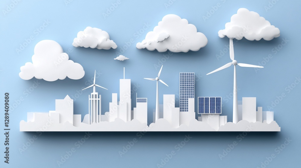 Obraz premium White city skyline with wind turbines, solar panels, and clouds on a blue background.