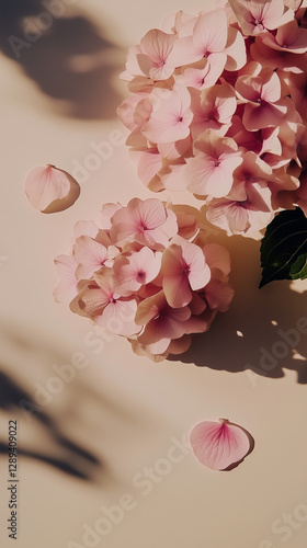 Minimalistic abstract photo of pink hydrangea flowers. photo