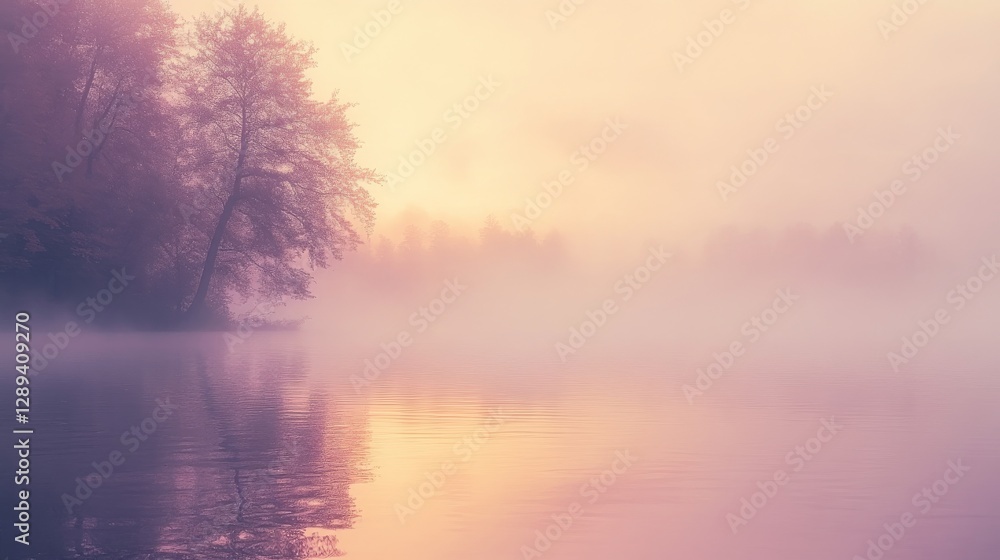 Beautiful mist blankets a tranquil lake and distant trees gently Beautiful mist blankets a tranquil lake and distant trees gently
