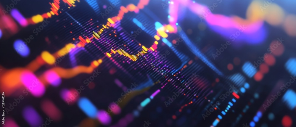 Vibrant, digital graphs of data patterns curve dramatically across a screen, illustrating dynamic financial trends and analytics. Vibrant, digital graphs of data patterns curve dramatically across a screen, illustrating dynamic financial trends and analytics.
