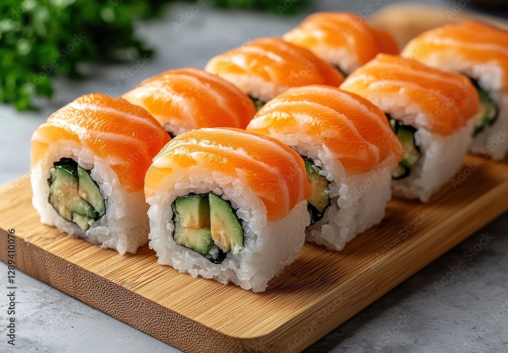 Fresh sushi rolls with salmon and cucumber on a wooden platter, highlighting culinary artistry and vibrant colors in Japanese cuisine presentation Fresh sushi rolls with salmon and cucumber on a wooden platter, highlighting culinary artistry and vibrant colors in Japanese cuisine presentation