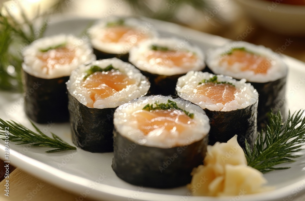 Fresh Sushi Rolls with Salmon and Garnishes Arranged on a White Plate Surrounded by Green Herbs and Pickled Ginger in a Warm Setting Fresh Sushi Rolls with Salmon and Garnishes Arranged on a White Plate Surrounded by Green Herbs and Pickled Ginger in a Warm Setting