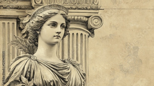 Vintage illustration of Greek Roman architecture. Marble sculpture of a young woman on an ornate column.