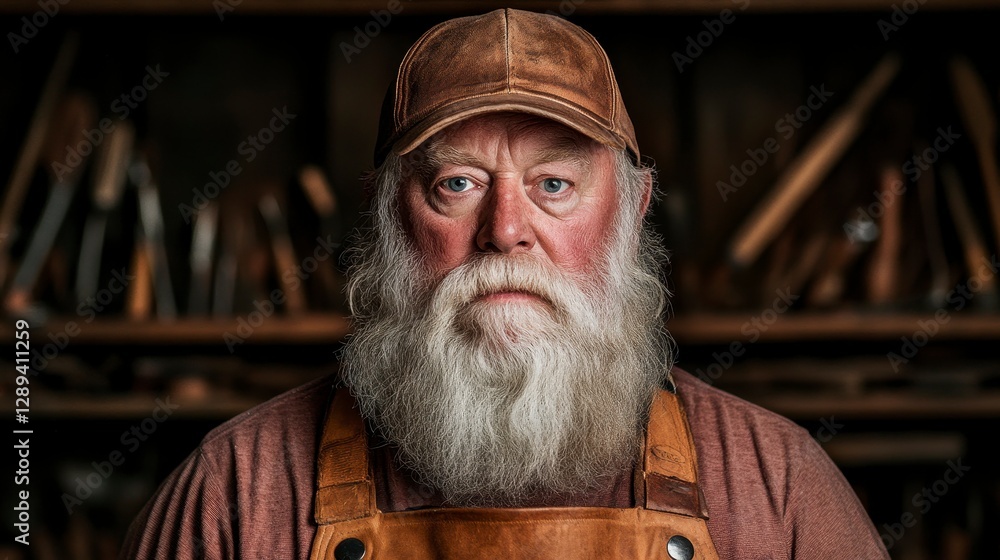 Fototapeta premium Portrait of a skilled craftsman with a long white beard, wearing a leather apron and cap, surrounded by vintage tools in a rustic workshop