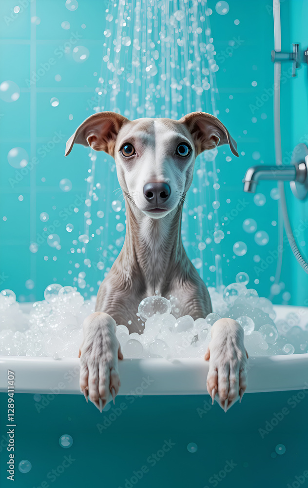 beautiful Italian Greyhound taking bath with bubbles. Blue-azure tones Digital artwork. Ai generated