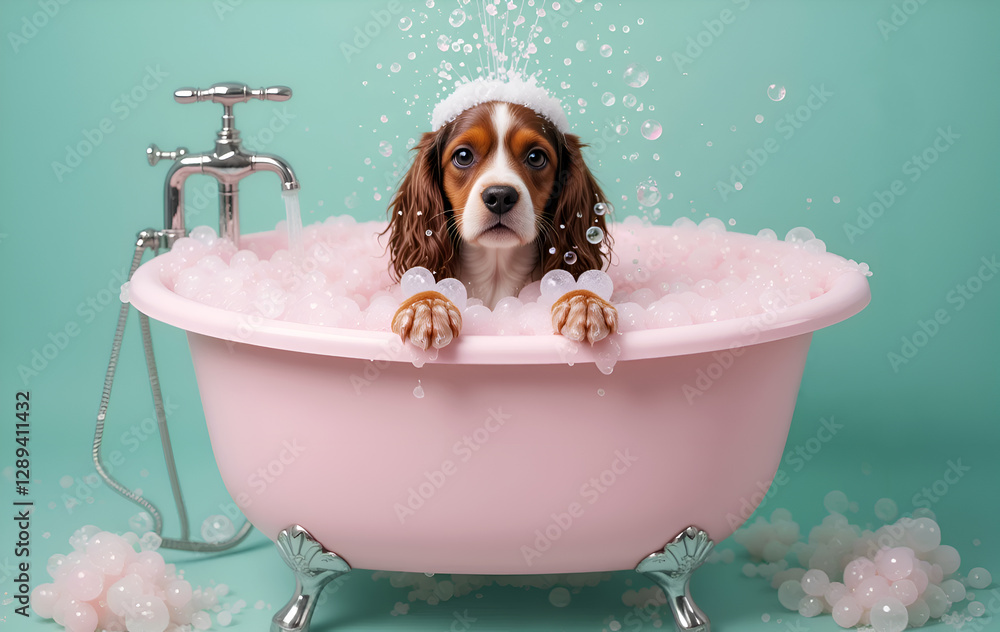 beautiful puppy Spaniel taking bath with bubbles. pink-azure tones Digital artwork. Ai generated