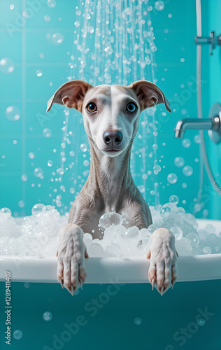 Obraz na płótnie beautiful Italian Greyhound taking bath with bubbles. Blue-azure tones Digital artwork. Ai generated w salonie