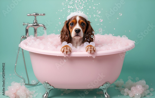 Obraz na płótnie beautiful puppy Spaniel taking bath with bubbles. pink-azure tones Digital artwork. Ai generated w salonie