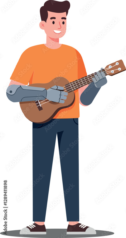 A young man with a prosthetic arm playing a ukulele in a cheerful, minimal flat design vector illustration A young man with a prosthetic arm playing a ukulele in a cheerful, minimal flat design vector illustration