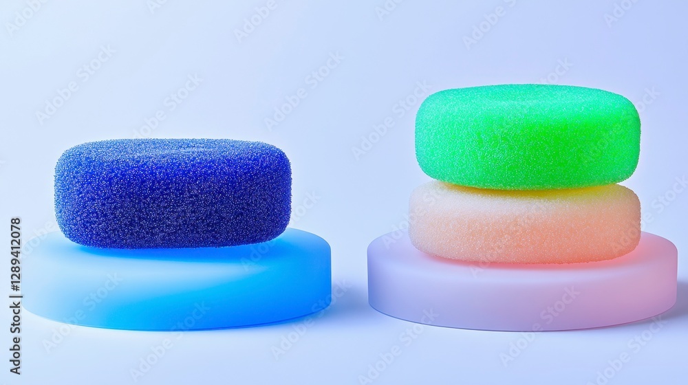 Vibrant and colorful sponges arranged artistically on circular platforms, showcasing a modern and minimalist aesthetic Vibrant and colorful sponges arranged artistically on circular platforms, showcasing a modern and minimalist aesthetic
