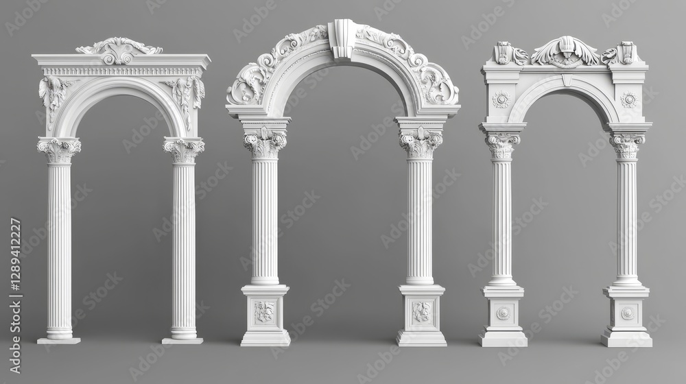 Naklejka premium White clay ancient Roman arch with ornate designs. Realistic 3D vector illustration set of Greek stone pillars for temple building doors or windows. Classic antique architectural archway.