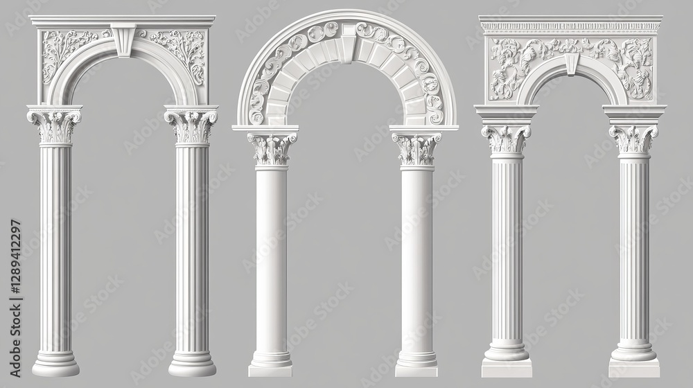 Fototapeta premium White clay ancient Roman arch with ornate designs. Realistic 3D vector illustration set of Greek stone pillars for temple building doors or windows. Classic antique architectural archway.