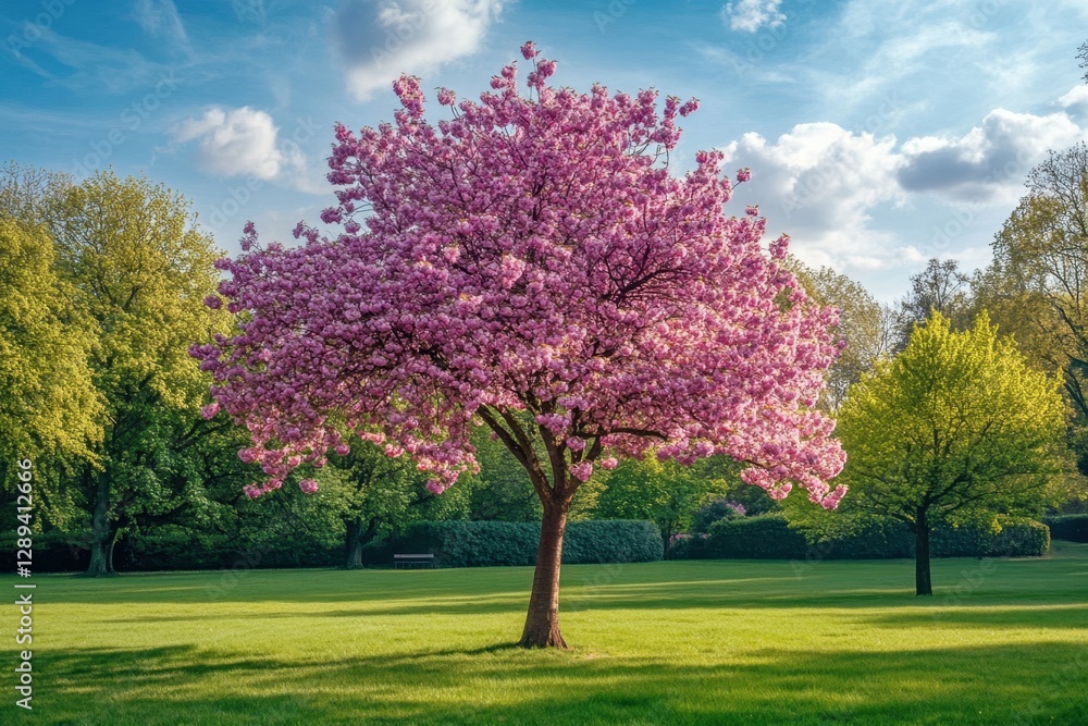 Blooming Tree: A lush tree covered in bright pink blossoms takes center stage in a vibrant park under a partly cloudy sky. Blooming Tree: A lush tree covered in bright pink blossoms takes center stage in a vibrant park under a partly cloudy sky.