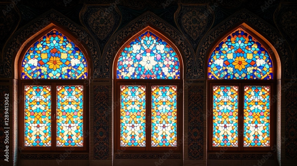Fototapeta premium Window designs from famous Islamic architecture, like mosques. They have traditional elements and frames from Eastern architecture and are decorated with Arabic ornaments.