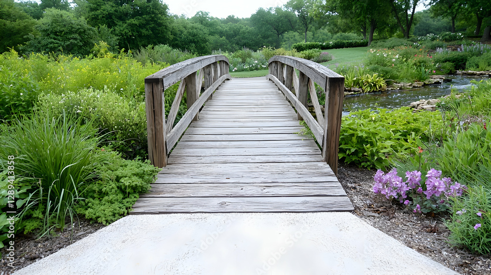 Wooden bridge in serene garden, tranquil background Wooden bridge in serene garden, tranquil background
