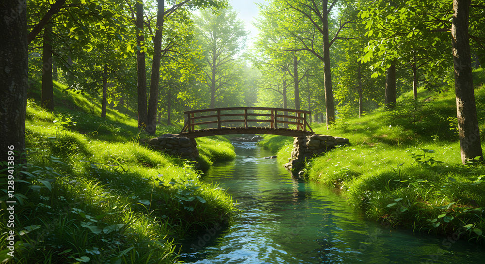 Fototapeta premium Serene Forest with Wooden Bridge Over a Flowing Stream
