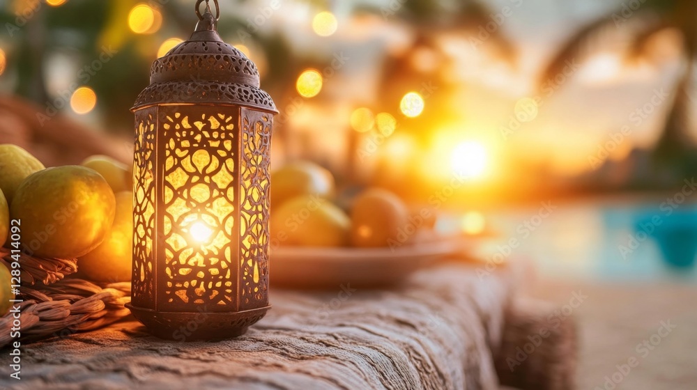 Fototapeta premium Rustic Lantern with Beautiful Warm Glow Surrounded by Fruits and Soft Bokeh Lighting. Generative AI