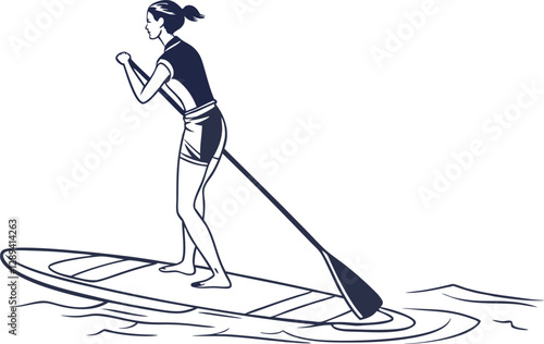 Active Female Standup Paddleboarder in Motion Vector Art
