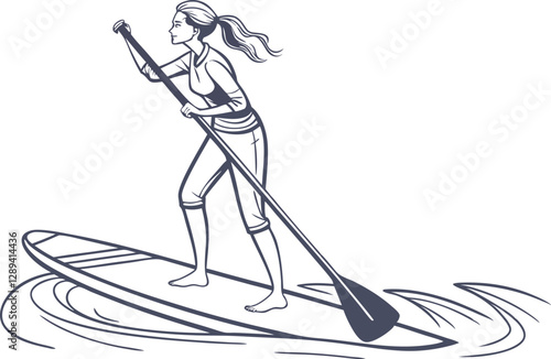 Active Female Standup Paddleboarder in Motion Vector Art