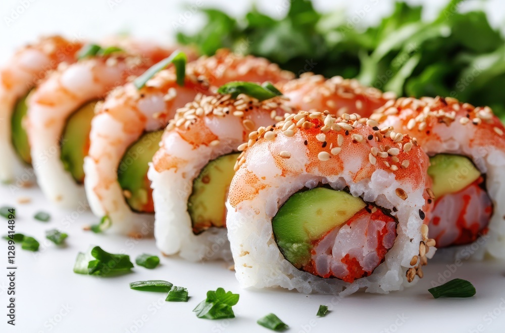 Fresh sushi rolls with shrimp, avocado, and sesame seeds garnished with green herbs, perfect for food lovers and culinary enthusiasts Fresh sushi rolls with shrimp, avocado, and sesame seeds garnished with green herbs, perfect for food lovers and culinary enthusiasts