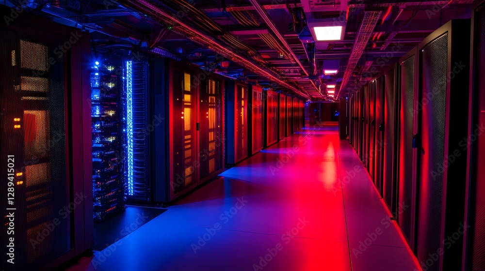 Fototapeta premium Illuminated Futuristic Data Center Corridor with Quantum Computing Debate Concept