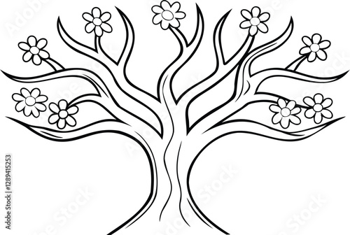 A whimsical tree with abstract floral canopy line art book vector design 