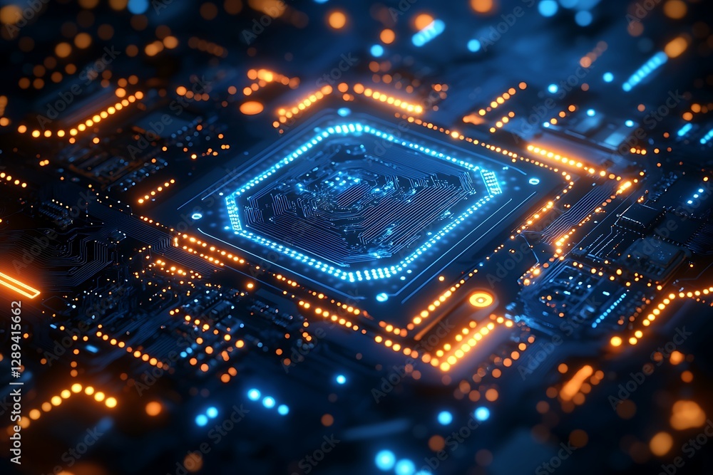 Close-up of a glowing circuit board with illuminated components Close-up of a glowing circuit board with illuminated components