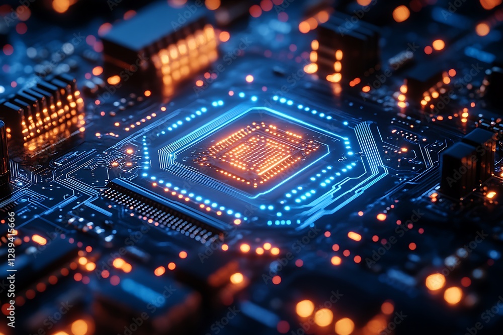 Close-up of a glowing circuit board with central processor. Close-up of a glowing circuit board with central processor.