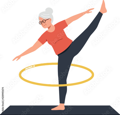 Older woman performing a graceful hula hoop exercise in a minimal style vector illustration with a joyful and energetic atmosphere