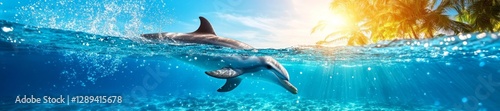 Dolphin Swimming Underwater in Clear Tropical Water. Generative AI
