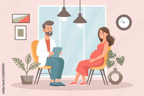 Prenatal doctor consultation. Pregnant woman with doctor. Monitoring pregnancy and healthy. Flat style illustration.